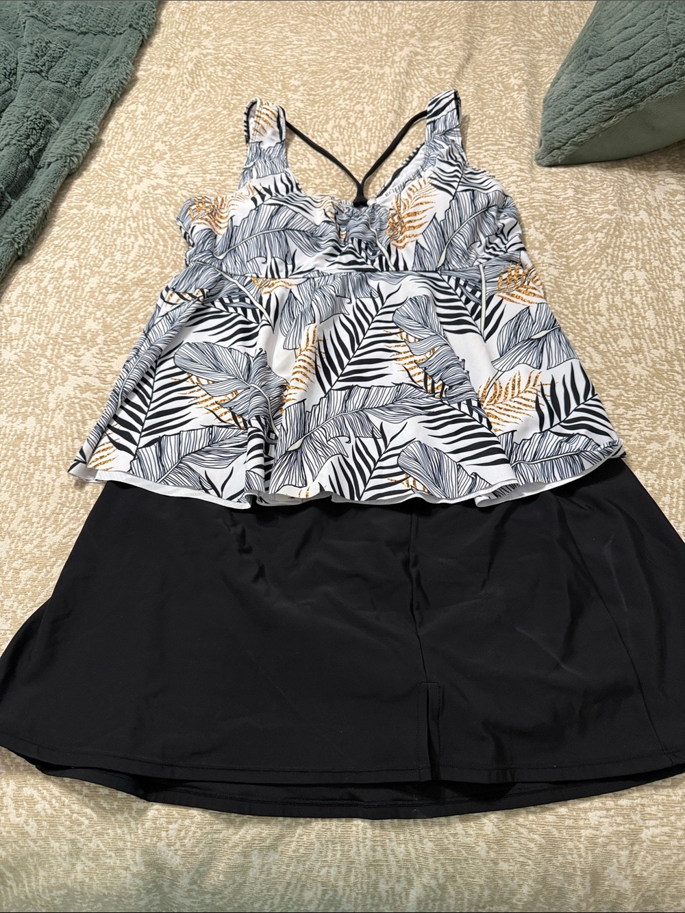Aqua Green Black White Tropical Print Tankini with Skirt